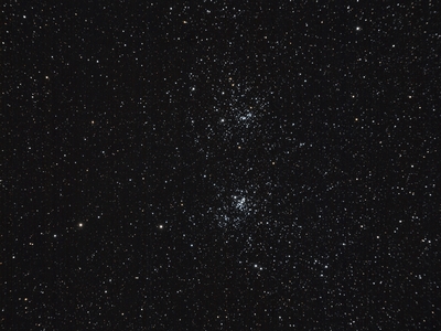 doublecluster 1m 61subs 1h1m ISO400 nodarksjpg  Double Cluster - 61 x 1 min subs - total 1 hr 1 mn - ISO400 - no darks - Canon 400D - CGEM - Orion EON Triplet 80 mm f/6 - November 5, 2011 - Holland Landing, Ontario