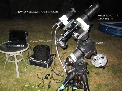 IMG 5427a  Orion 80mm APO triplet f/6.3 on a CGEM.  KWIQ Guider (QHY5v) + PHD. Mount running off of a portable battery.  For now homemade counterweight (10 lbs) while I don't have the full load yet. Canon 400D (XTi) for imaging.