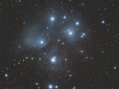 M45 4h16m40s 66subs darks ISO1600 DBE morph  After applying mask to tone down the stars and bring out the nebulosity features.