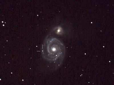 m51-SN2011dh  M51 - Lines indicate Type II Supernova ~13.5 magnitude (SN 2011dh) Canon 400D, CGEM, 80 mm Orion EON Triplet, ISO 1600 2.5 min x 26, 3.5 min x 1 and 4.5 min x 1 (total 1:13 mins) guided; 2.5 min x 26 dark frames June 5, 2011 ~ 3 AM EST - Holland Landing, Ontario