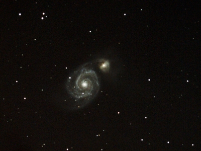 m51-iso800-1h43m28s 45frames1  M51 - SN2011dh visible and brighter.  Canon 400D, CGEM, 80 mm Orion EON Triplet, ISO 800 varying exposures for total of 45 frames and 1hr 43 mn 28 s, guided; June 19, 2011 Holland Landing, Ontario