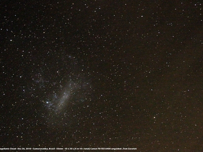 LMC 55mm-1-web  Large Magellanic Cloud - irregular galaxy 160,000 light years away Canon 7D - 55 mm - ISO 6400 - 10 x 25sec (total: 4 min 10 s) unguided December 26, 2010 9 PM BRT - Cumuruxatiba, Brazil